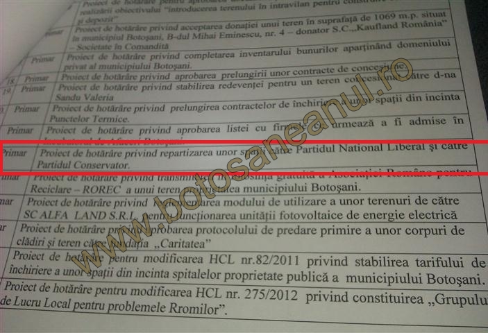 ordinea de zi initiala a sedintei CL cu repartizarea sediilor de partid la PNL si PC Botosani  