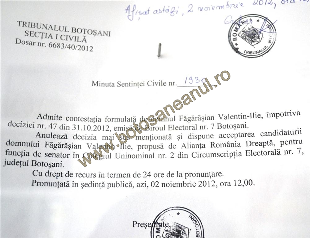 hotarare Tribunalul Botosani candidatura Valentin Fagarasian 2 