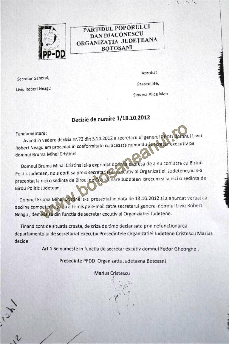 decizie numire Gheorghe Fedor secretar executiv PP DD Botosani 